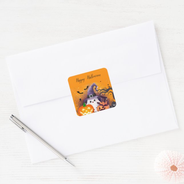 Cute Halloween Ghost with Witch Hat and Pumpkins Square Sticker (Envelope)