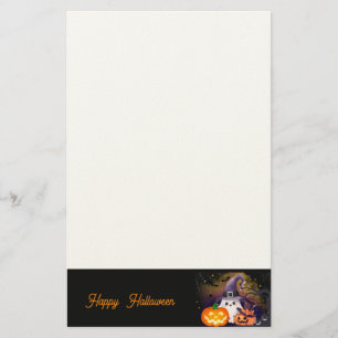 Cute Halloween Ghost with Witch Hat and Pumpkins Stationery
