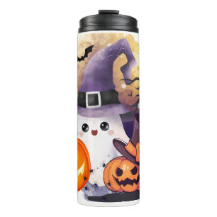 Cute Halloween Ghost with Witch Hat and Pumpkins Thermal Tumbler