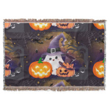 Cute Halloween Ghost with Witch Hat and Pumpkins