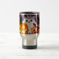 Cute Halloween Ghost with Witch Hat and Pumpkins