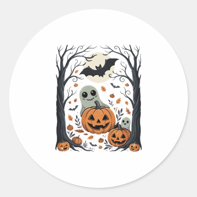 Cute Halloween Ghosts and Jack O Lantern Forest Classic Round Sticker (Front)