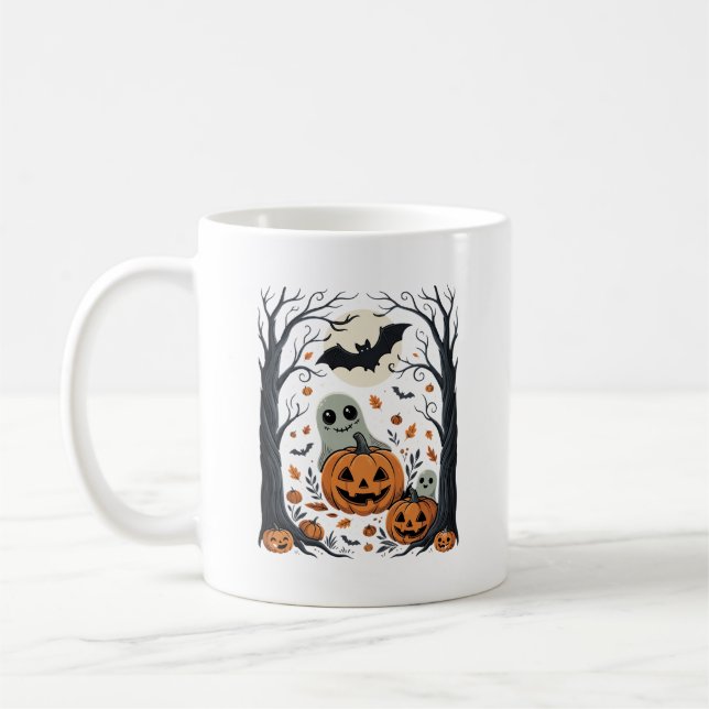 Cute Halloween Ghosts and Jack O Lantern Forest Coffee Mug (Left)