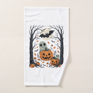 Cute Halloween Ghosts and Jack O Lantern Forest Hand Towel