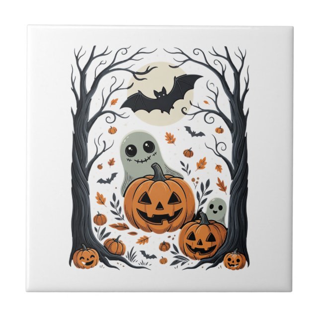 Cute Halloween Ghosts and Jack O Lantern Forest Tile (Front)