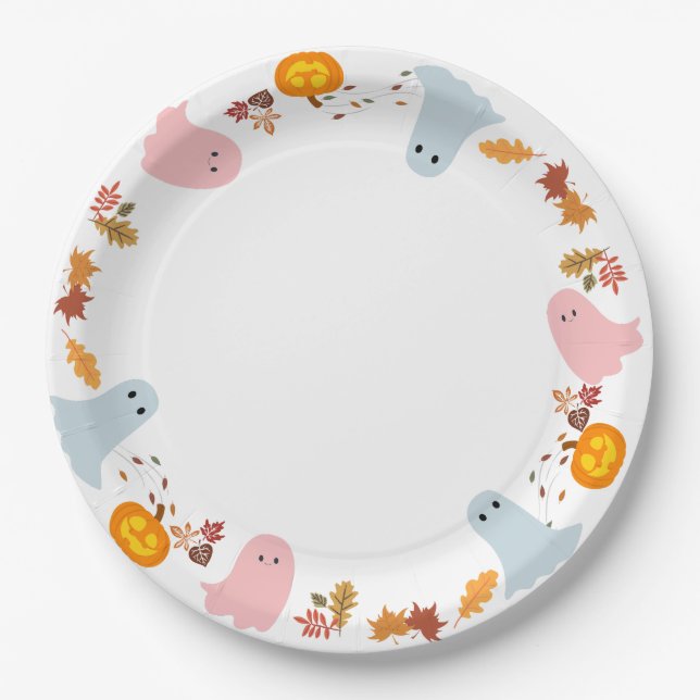 cute halloween ghosts and pumpkins paper plate (Front)