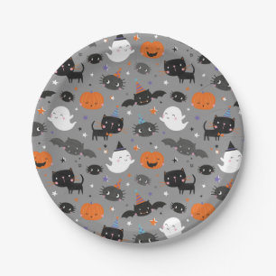 Cute Halloween Ghosts, Cats, Bats and Pumpkins Paper Plate