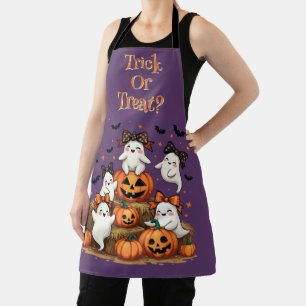 Cute Halloween Ghosts In Coquette Bows & Pumpkins Apron