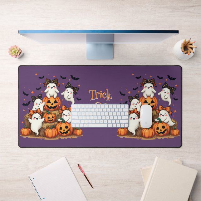 Cute Halloween Ghosts In Coquette Bows & Pumpkins Desk Mat (Office 1)