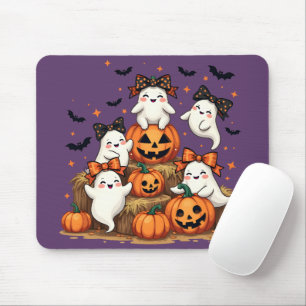 Cute Halloween Ghosts In Coquette Bows & Pumpkins Mouse Pad