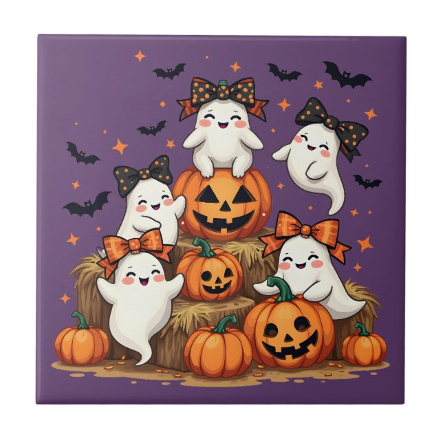 Cute Halloween Ghosts In Coquette Bows & Pumpkins Tile (Front)