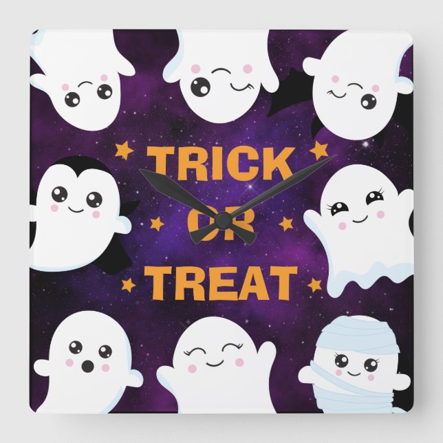 Cute Halloween Ghosts Trick or Treat Square Wall Clock (Front)