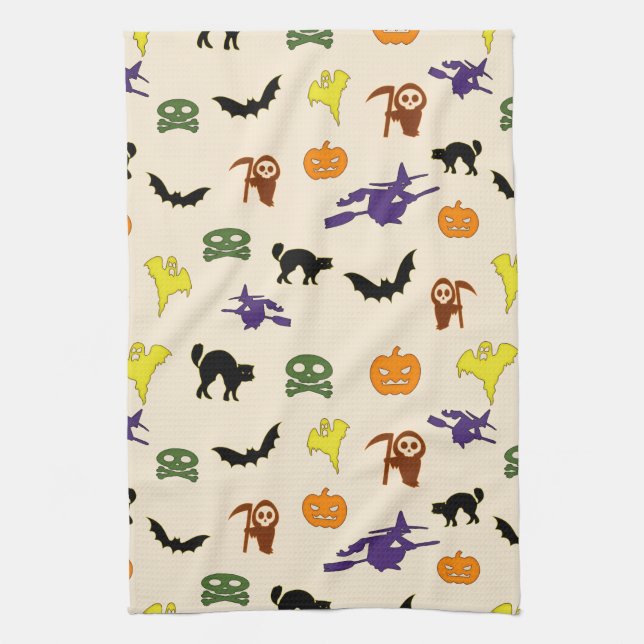 Cute Halloween ghosts witches doodle Pattern Tea Towel (Vertical)