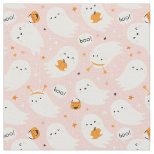 Cute Halloween Ghosts with pumpkins on light pink Fabric