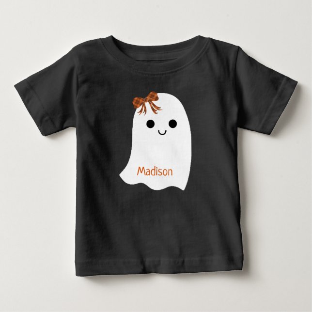 Cute Halloween Girl Ghost Plaid Bow Kids Name Baby T-Shirt (Front)