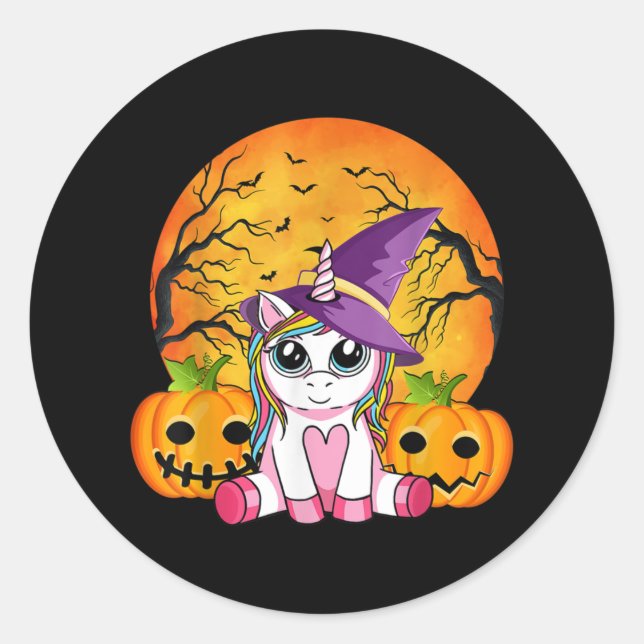 Cute Halloween Girls Witchy Unicorn Halloween Classic Round Sticker (Front)