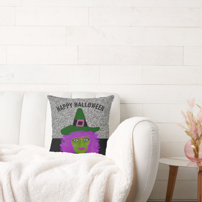 Cute Halloween Glam Witch Black Silver Glitter Cushion (Couch)