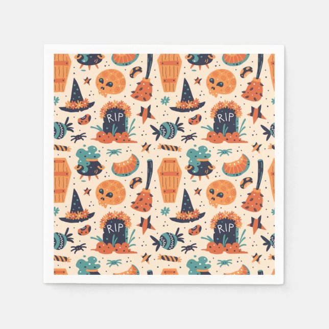 Cute Halloween Gravestone & Cauldrons  Napkin (Front)