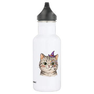 Cute Halloween Grey Tabby Cat Spiderweb Face Paint 532 Ml Water Bottle