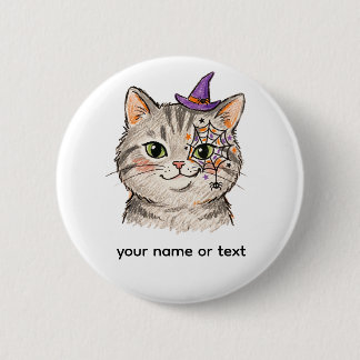 Cute Halloween Grey Tabby Cat Spiderweb Face Paint 6 Cm Round Badge