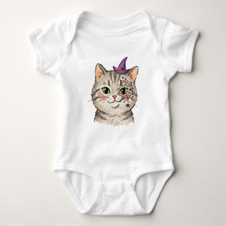 Cute Halloween Grey Tabby Cat Spiderweb Face Paint Baby Bodysuit