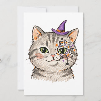 Cute Halloween Grey Tabby Cat Spiderweb Face Paint Save The Date