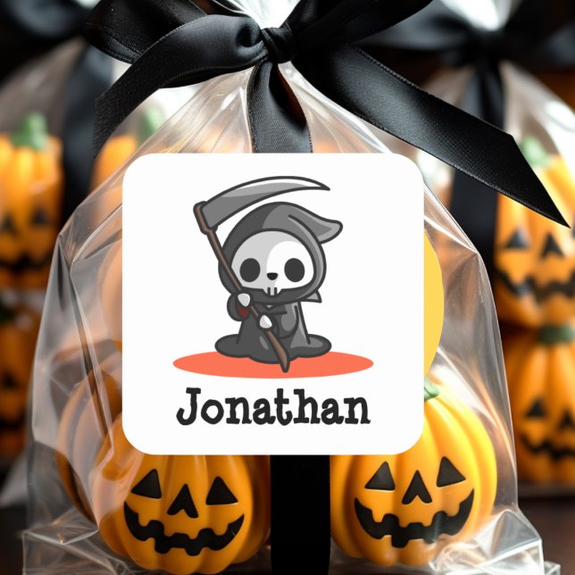 Cute Halloween Grim Reaper Ghost Name Square Sticker (Creator Uploaded)