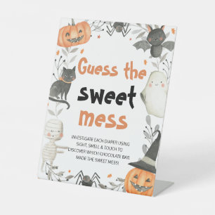 Cute Halloween Guess the Sweet Mess Baby Shower Pedestal Sign