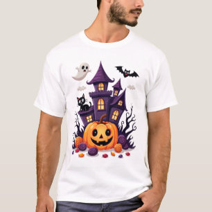 Cute Halloween Haunted Castle with Pumpkin & Ghost T-Shirt