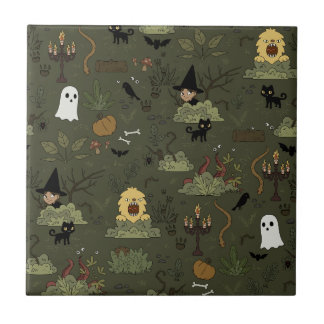 Cute Halloween Haunted Forest Pattern Tile
