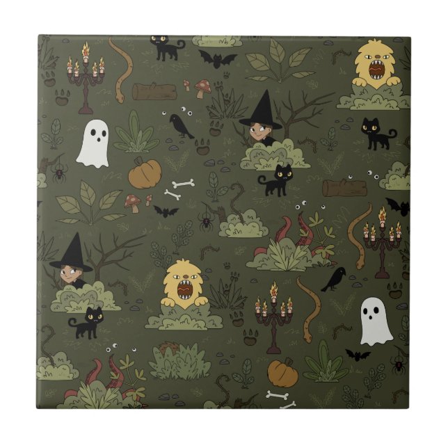Cute Halloween Haunted Forest Pattern Tile (Front)