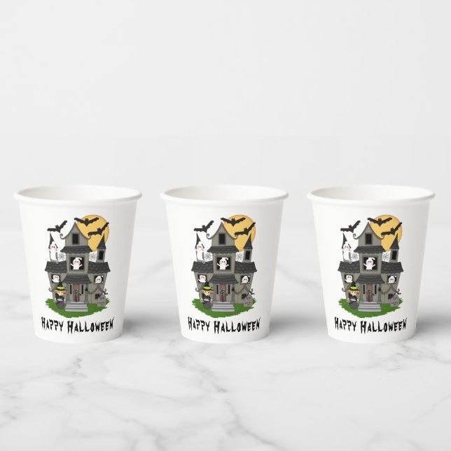 Cute Halloween haunted house and little witch Paper Cups (Multi)