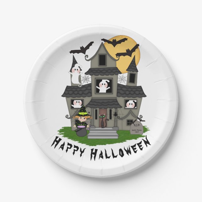 Cute Halloween haunted house and little witch Paper Plate (Front)