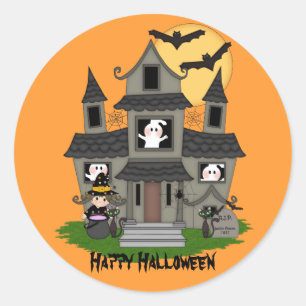 Cute Halloween haunted house & little witch Classic Round Sticker