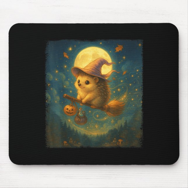 Cute Halloween Hedgehog Broom Ride With Potion And Mouse Pad (Front)