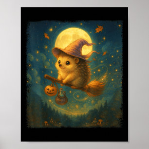 Cute Halloween Hedgehog Broom Ride With Tion And P Poster