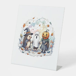 Cute Halloween Hedgehogs Costume Pedestal Sign