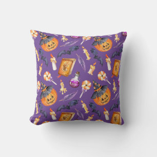 Cute Halloween illustration with pumpkin and bats Cushion