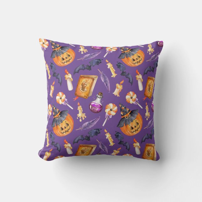 Cute Halloween illustration with pumpkin and bats Cushion (Front)