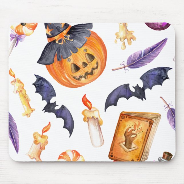 Cute Halloween illustration with pumpkin and bats Mouse Pad (Front)
