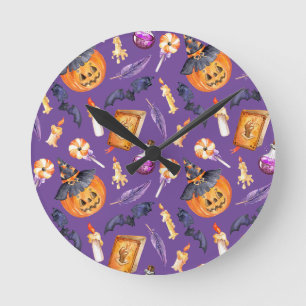 Cute Halloween illustration with pumpkin and bats Round Clock