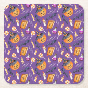 Cute Halloween illustration with pumpkin and bats Square Paper Coaster