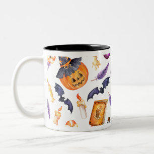 Cute Halloween illustration with pumpkin and bats Two-Tone Coffee Mug