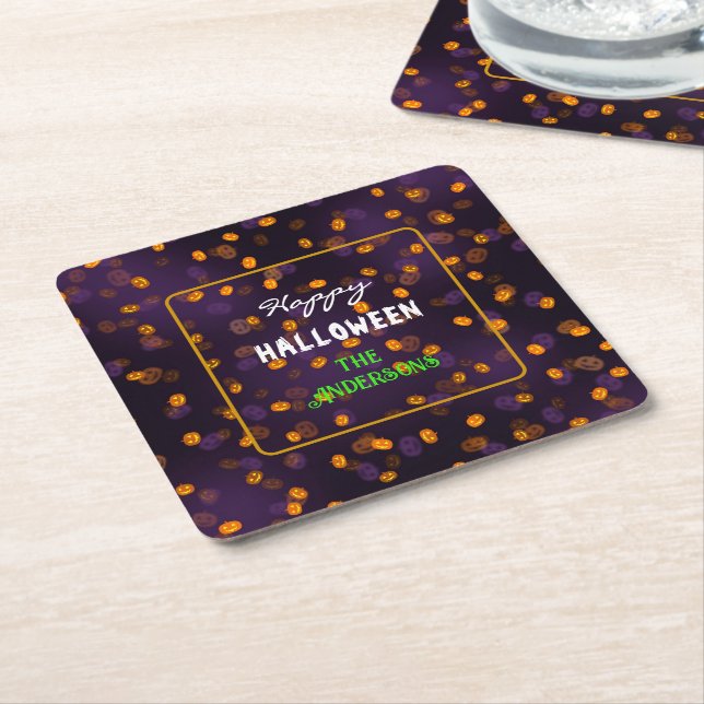 Cute Halloween Jack o Lanterns Bokeh Pattern Square Paper Coaster (Angled)