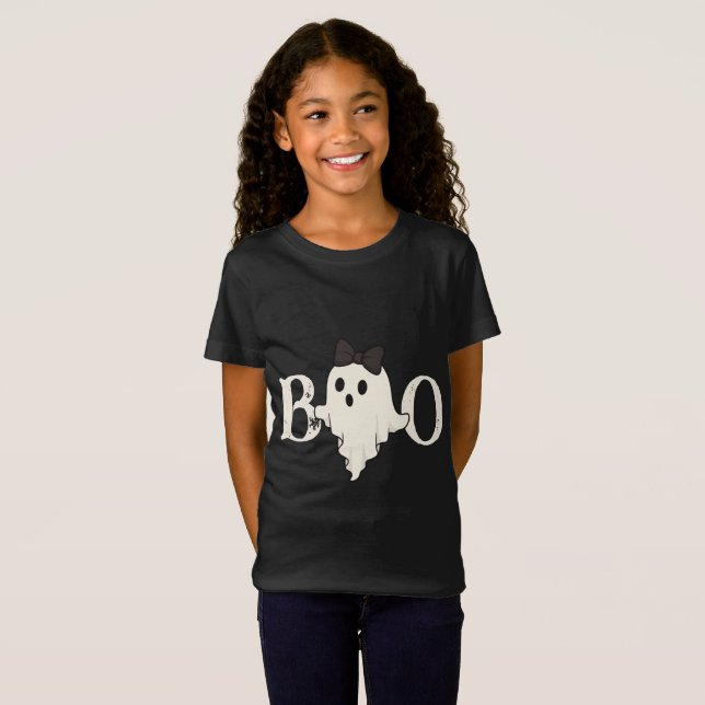 Cute Halloween Kids T-Shirt – "Boo" Ghost with Bow (Front Full)