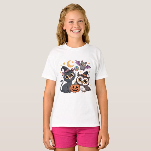 Cute Halloween KidsCat Owl  Tee (Front Full)
