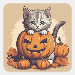 Cute Halloween Kitten and Jack-O'-Lantern Square Sticker