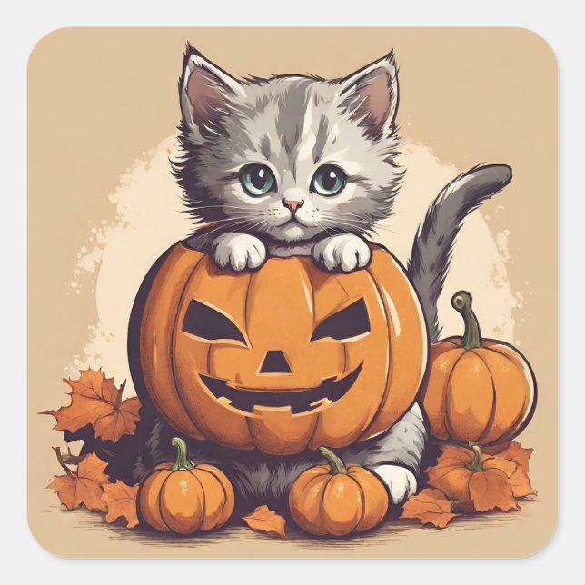 Cute Halloween Kitten and Jack-O'-Lantern Square Sticker (Front)