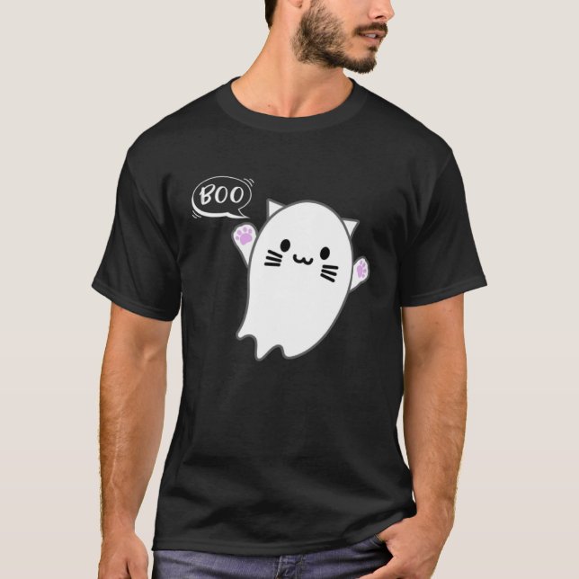 Cute Halloween Kitten Cat Flying Ghost Boo Costume T-Shirt (Front)
