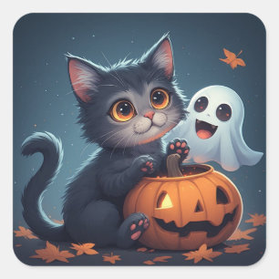 Cute Halloween Kitten With Ghost And Pumpkin 🎃 Square Sticker